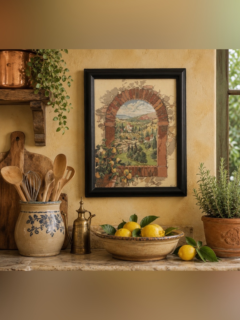 Vtg Tuscany Italy scene Framed Cross Stitch Embroidery Landscape Lemons Cottage